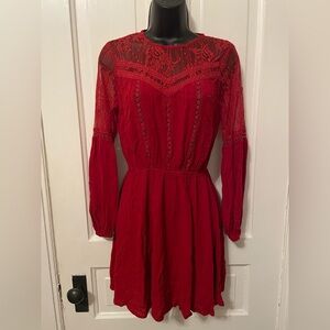 Red Boho Lace Long Sleeve Dress